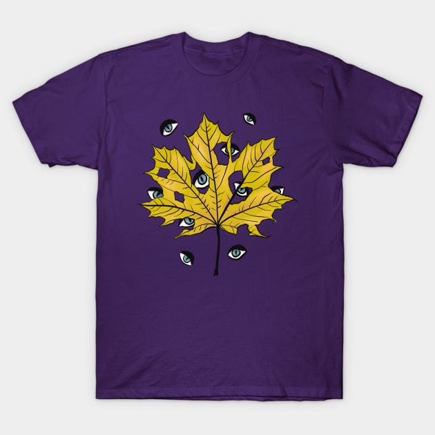 Yellow Leaf Witchy Creepy Eyes Pattern T-Shirt by Boriana Giormova